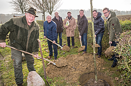 Zur Pflanzaktion am Kreuz auf dem Hohn versammelten sich Matthias Berstermann, Gerd Vobbe, Hermann Lammers, Udo Stangier, Hubert Pohlmann, Guido Pott und Bürgermeister Otto Steinkamp (von links) mit dem passenden Werkzeug an der Linde.