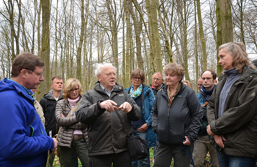 Prof. Dr. Arndt erklärt die Strategie des Lerchensporns und anderer Frühjahrsblüher im noch lichten Laubwald. Foto: Claudia Sarrazin