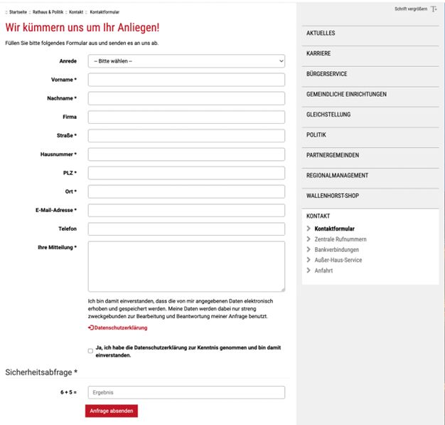 Screenshot vom Kontakt-Formular